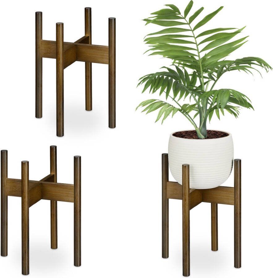Relaxdays plantenstandaard bamboe set van 3 binnen bloemenstandaard plantenhouder L