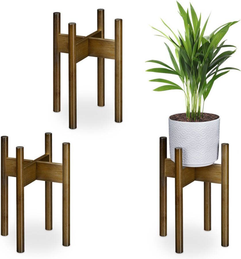 Relaxdays plantenstandaard bamboe set van 3 binnen bloemenstandaard plantenhouder M