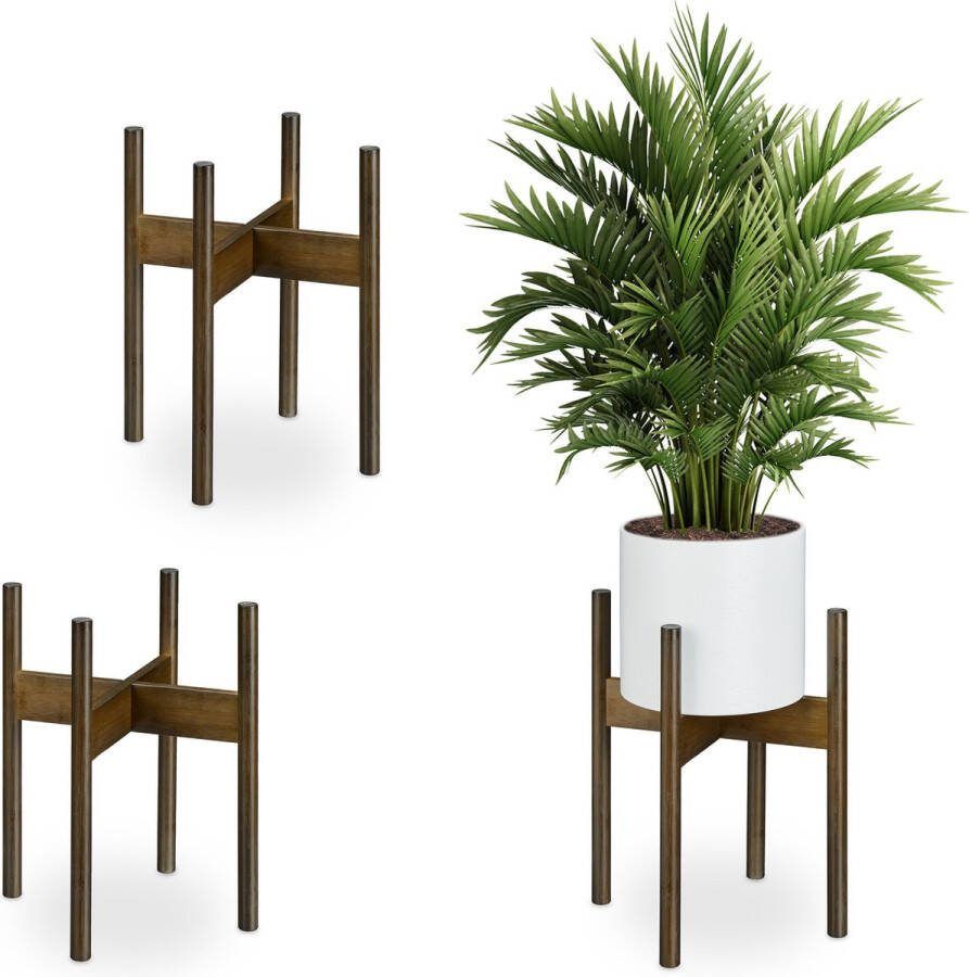 Relaxdays plantenstandaard bamboe set van 3 binnen bloemenstandaard plantenhouder XL