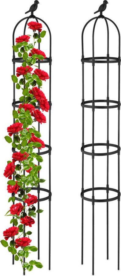 Relaxdays plantensteun 188x30 set van 2 klimsteun met vogel obelisk metaal zwart