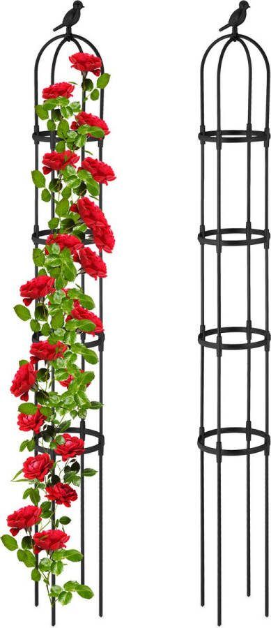 Relaxdays plantensteun set van 2 klimsteun met vogel 180 cm obelisk metaal zwart