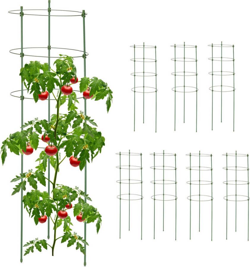 Relaxdays plantensteun set van 8 90 cm hoog tomatensteun verstelbare ringen groen
