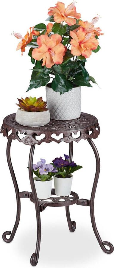 Relaxdays plantentafel gietijzer rond plantenstandaard plantenkrukje tafeltje bruin