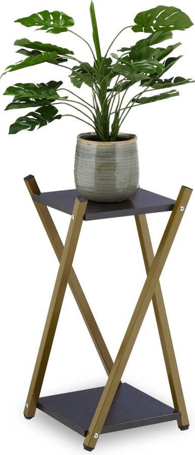 Relaxdays plantentafel met 2 etages plantenstandaard binnen bijzettafel planten goud zwart