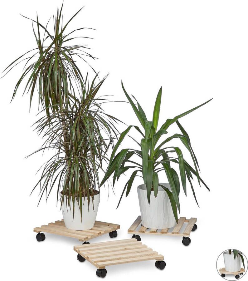 Relaxdays Plantentrolley set van 3 plantenroller plantenplateau bloemen of planten Vierkant