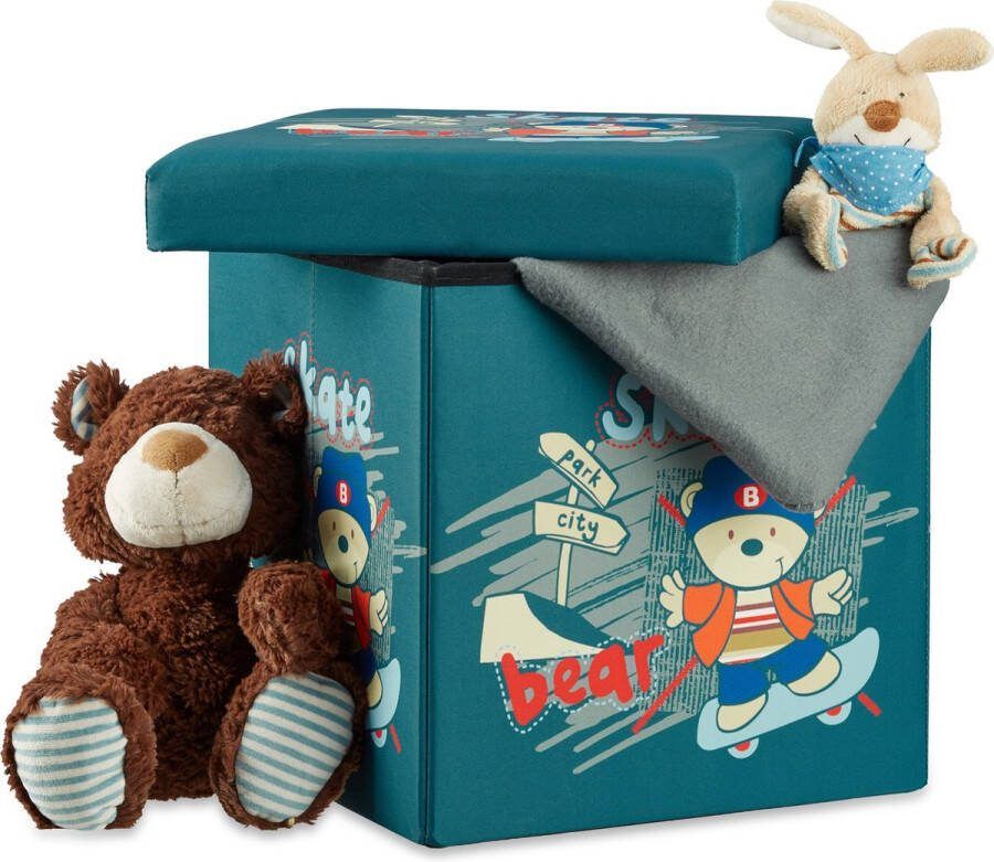 Relaxdays poef met opbergruimte voor kinderen opvouwbare hocker krukje kinderkamer Beer