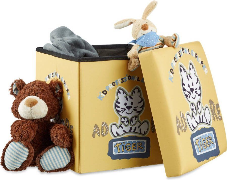 Relaxdays poef met opbergruimte voor kinderen opvouwbare hocker krukje kinderkamer Tijger
