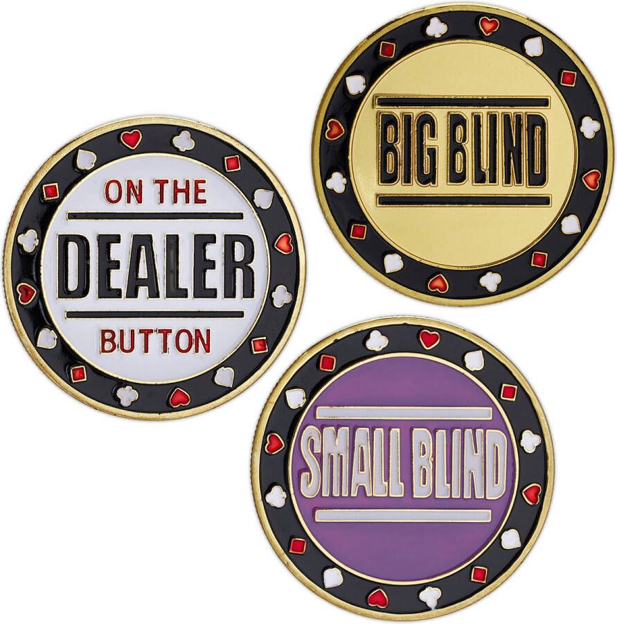 Relaxdays poker buttons 3-delige set metaal big blind dealer button small blind