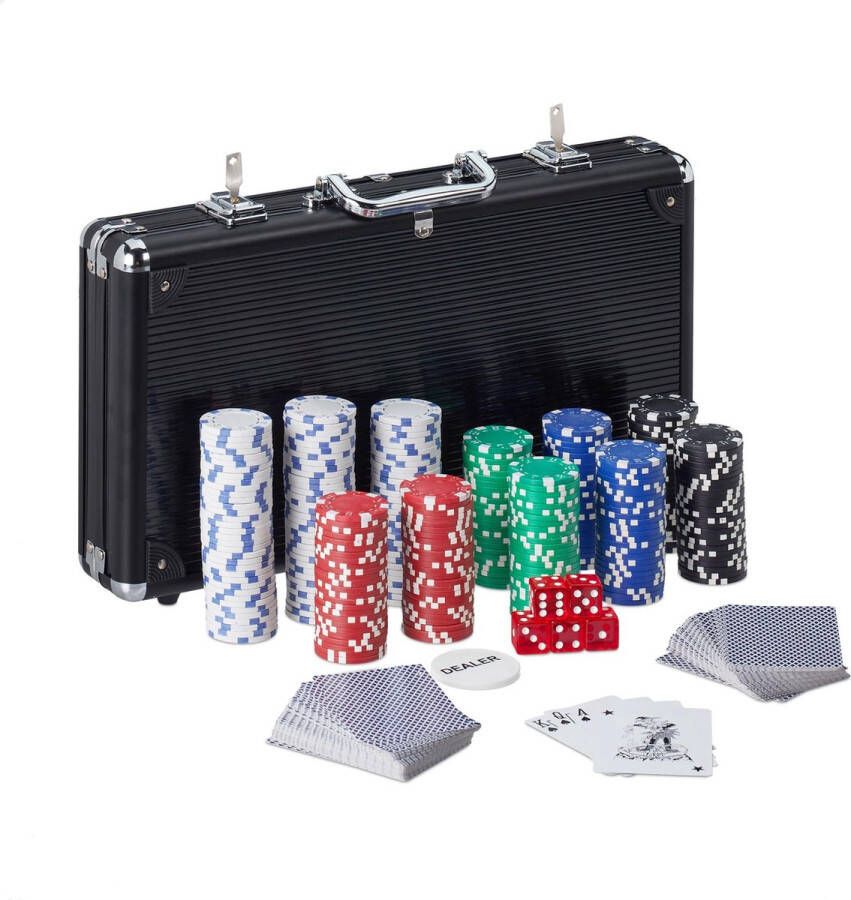 Relaxdays poker set 300 poker chips pokerkoffer Texas Hold'em 5 dobbelstenen zwart