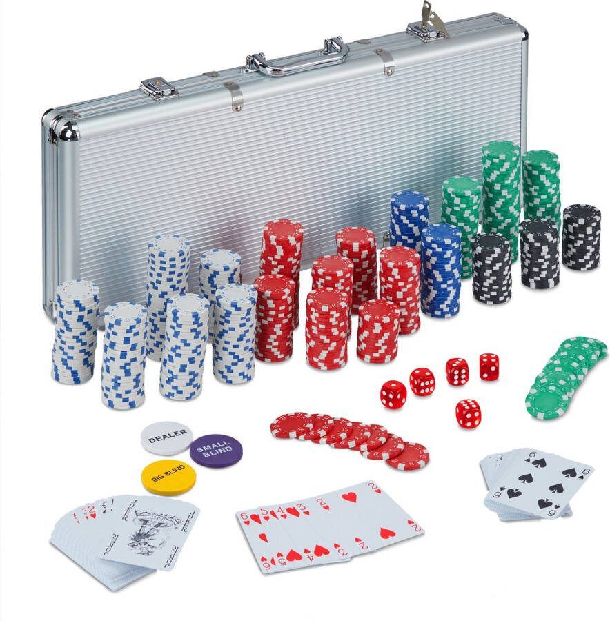 Relaxdays poker set 500 poker chips Texas Hold'em 5 dobbelstenen zwart pokerkoffer