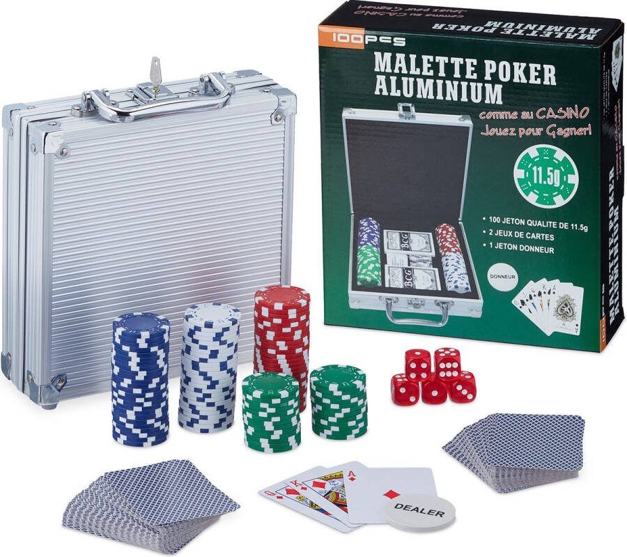 Relaxdays pokerset Texas Hold'em pokerkoffer 100 chips poker spel in koffer