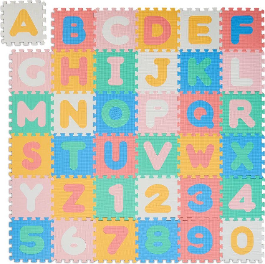 Relaxdays puzzel speelmat abc en cijfers foam speeltegels kruipmat baby kindermat