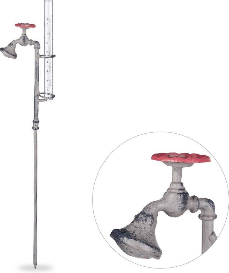 Relaxdays regenmeter waterkraan neerslagmeter 17 cm van glas rustiek grijs
