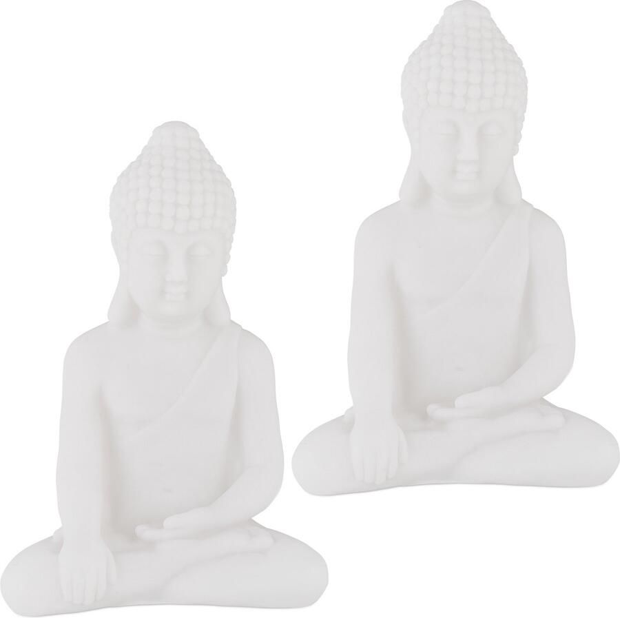 Relaxdays 2x boeddhabeeld 17 cm hoog kunststof tuinbeeld tuindecoratie zen wit