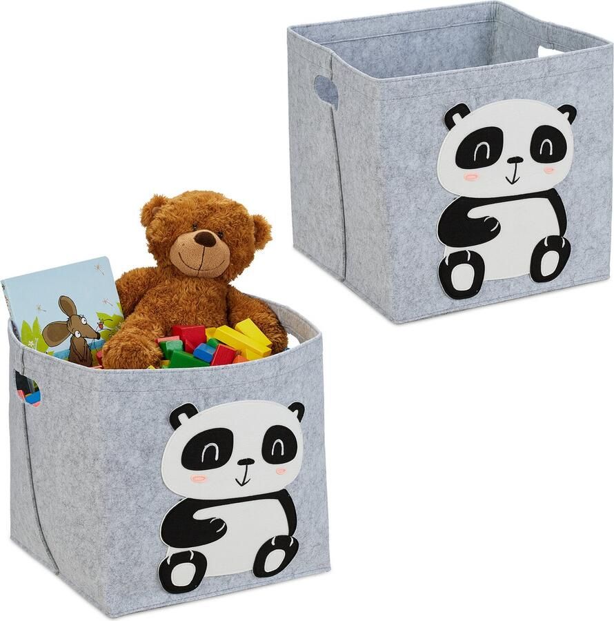 Relaxdays 2x opbergmand kinderkamer vilten speelgoedmand panda opbergbox speelgoed