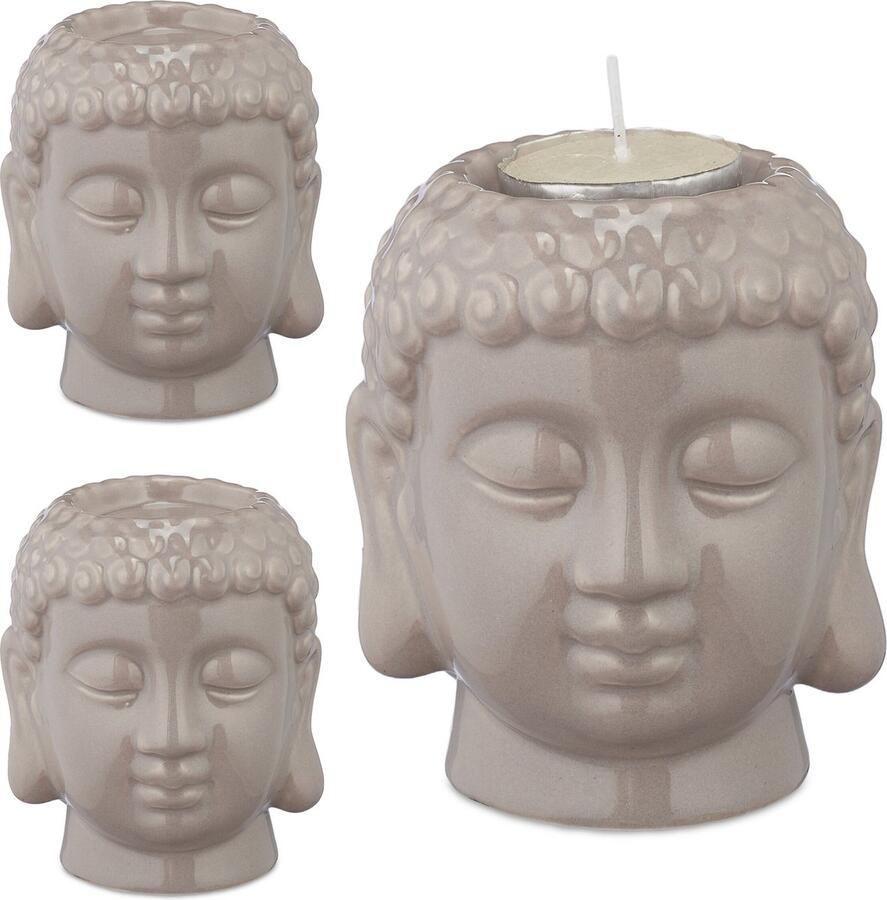Relaxdays 3x Boeddha theelichthouder waxinelichthouder zen sfeerverlichting grijs