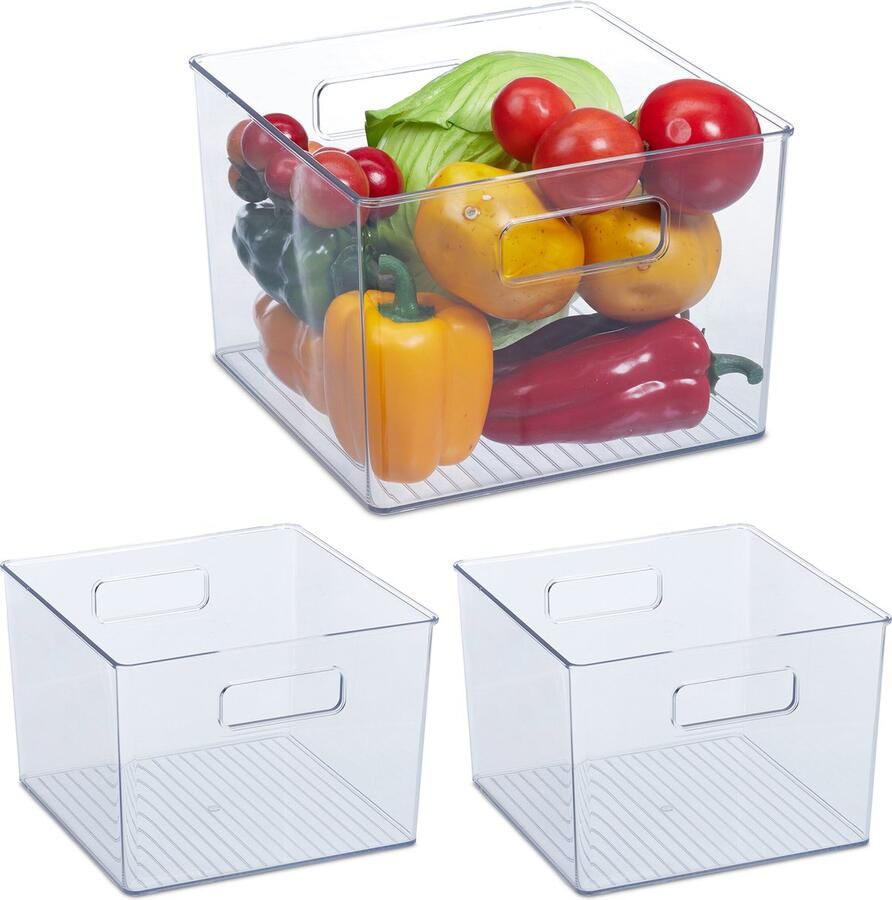 Relaxdays 3x koelkast organizer met handgrepen doorzichtige koelkast opbergbak hoog