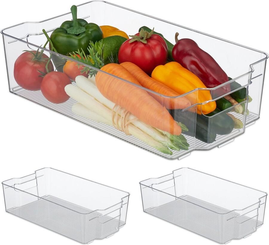 Relaxdays 3x koelkast organizer met handvatten koelkast opbergbak transparant bakje