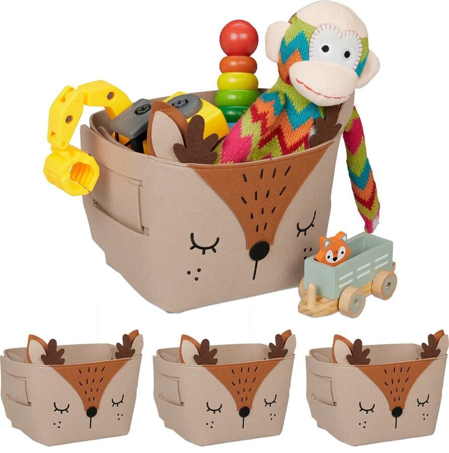 Relaxdays 4x opbergmand kinderkamer vilten mand hert opvouwbare speelgoedmand baby