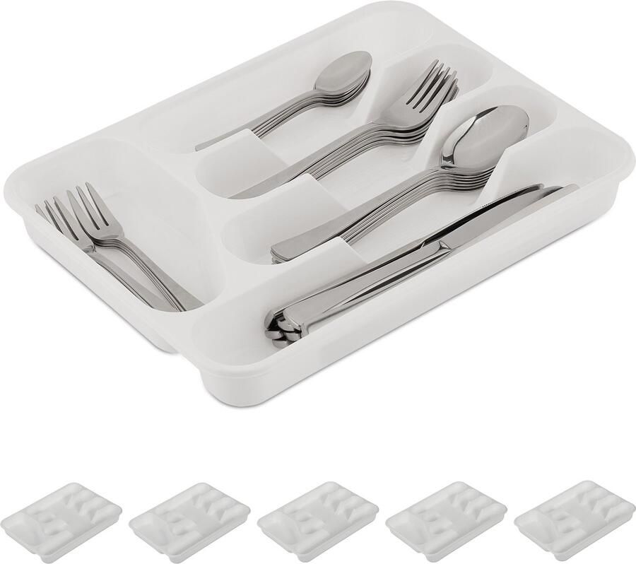 Relaxdays 6x bestekbak wit bestek organizer kunststof bestekcassette smal set
