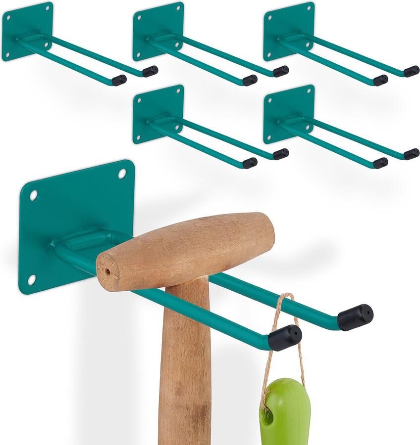Relaxdays 6x bezemhouder staal tuingereedschapshouder 25 kg ophanghaak garage groen