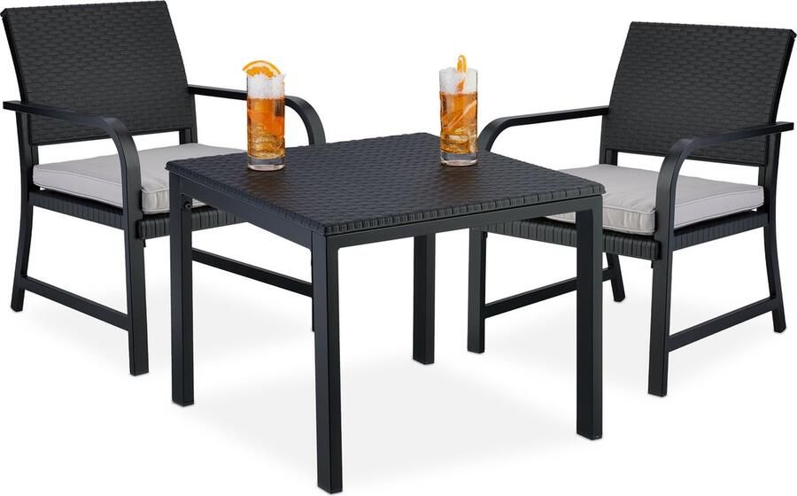 Relaxdays balkonset 3-delig bistroset rotanlook kunststof & staal kussens