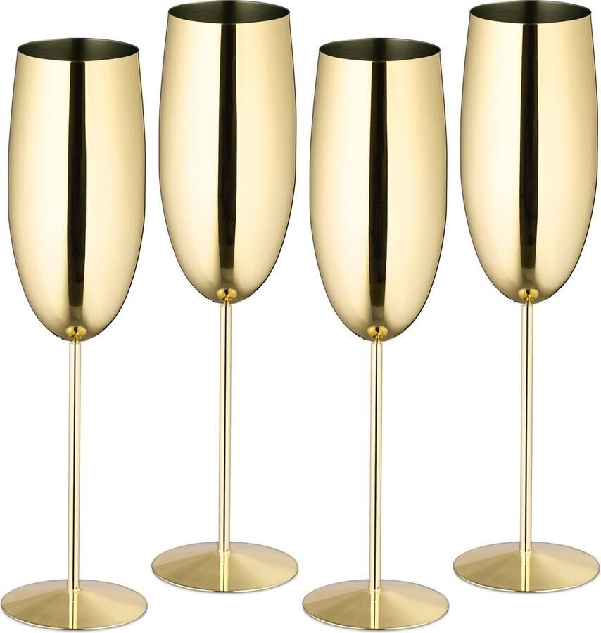 Relaxdays champagneglazen rvs set van 4 onbreekbaar hebruikbare champagneflûtes goud