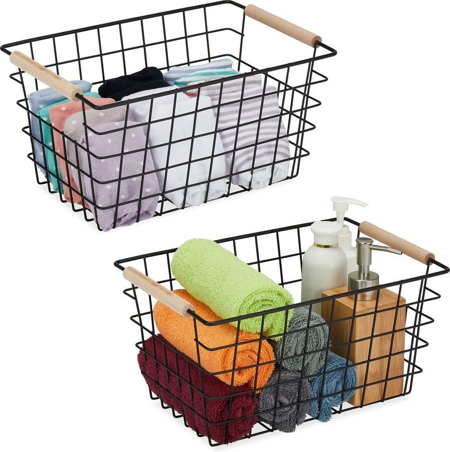 Relaxdays draadmand metalen opbergmand rechthoekige mand badkamermand set van 2 zwart