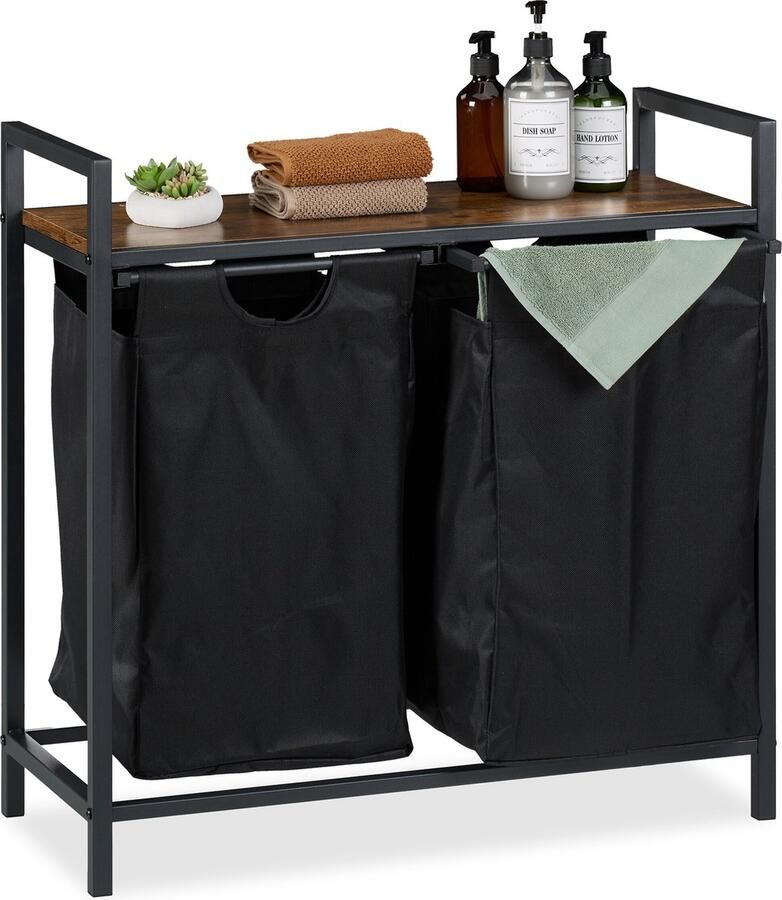 Relaxdays dubbele wasmand met plank staal houtlook 72 x 73 x 33 cm 2 vakken