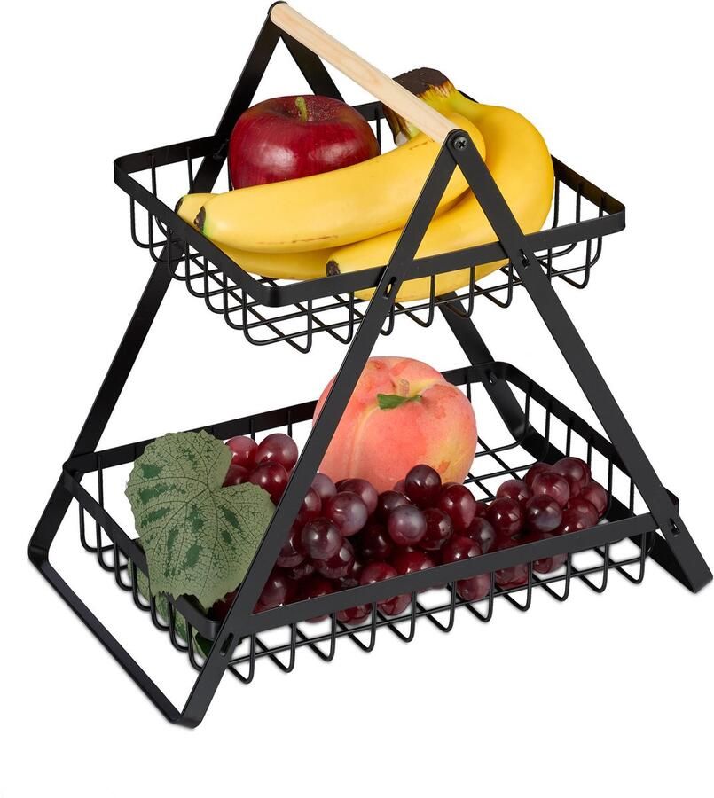 Relaxdays fruit etagère 2-laags metalen fruitschaal zwarte fruitmand houten handvat