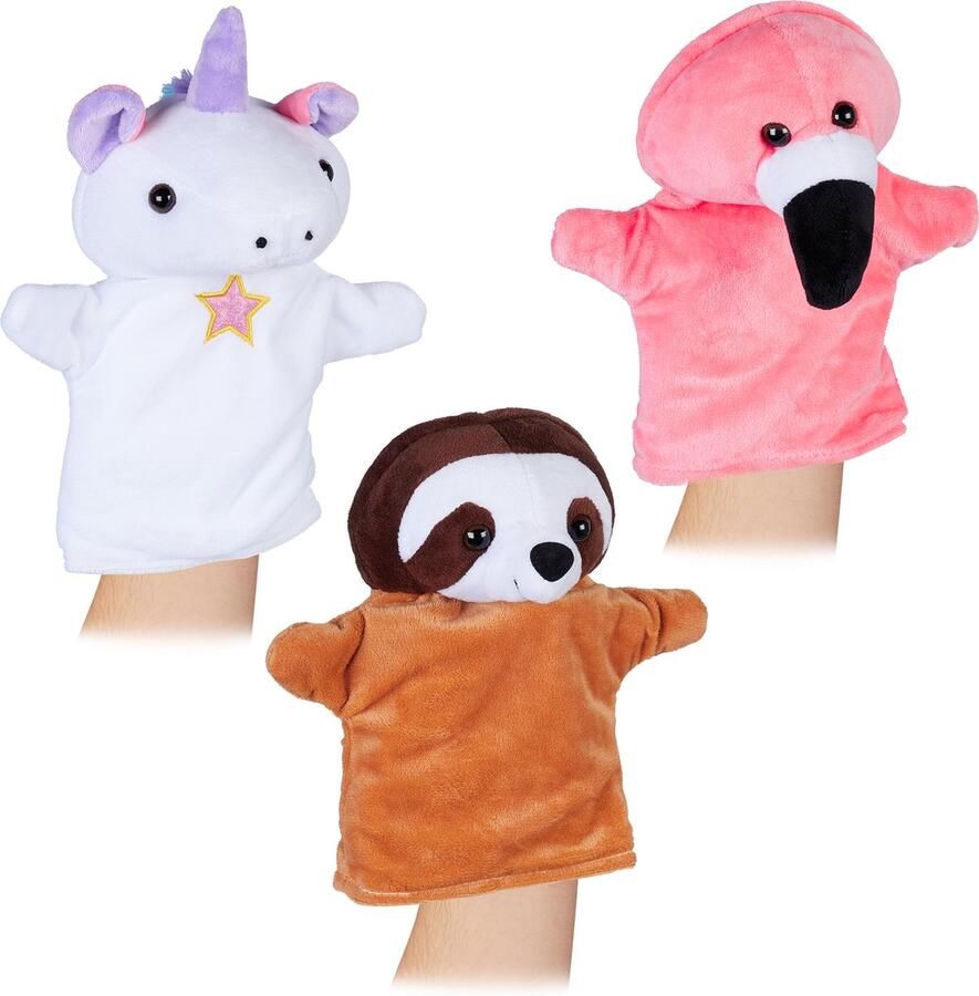 Relaxdays handpoppen set van 3 poppenkast luiaard eenhoorn & flamingo kinderen