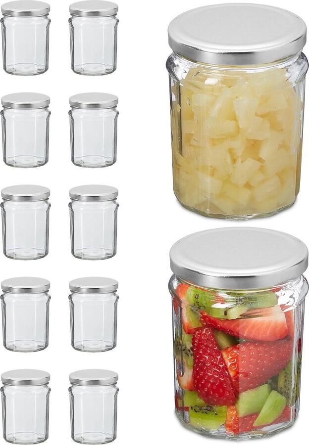 Relaxdays jampotjes set inmaakpotten glas bewaarpot 380 ml weckpot jampot zilver