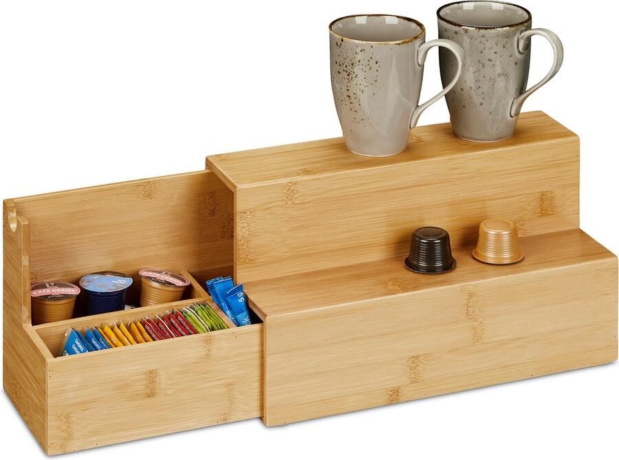 Relaxdays keuken organizer bamboe uitschuifbaar trapvormige koffie & thee organizer