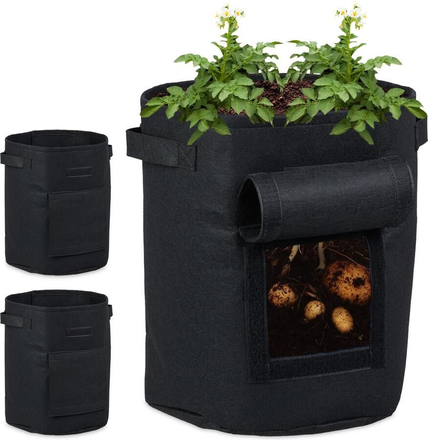 Relaxdays kweekzak set van 3 24 liter Ø 30 cm plantzak aardappelen met luikje