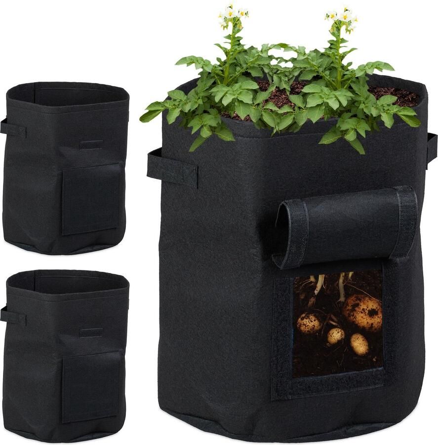 Relaxdays kweekzak set van 3 38 liter Ø 35 cm plantzak aardappelen met luikje