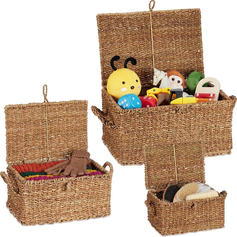 Relaxdays opbergmand met deksel set van 3 gevlochten manden zeegras opbergkistje
