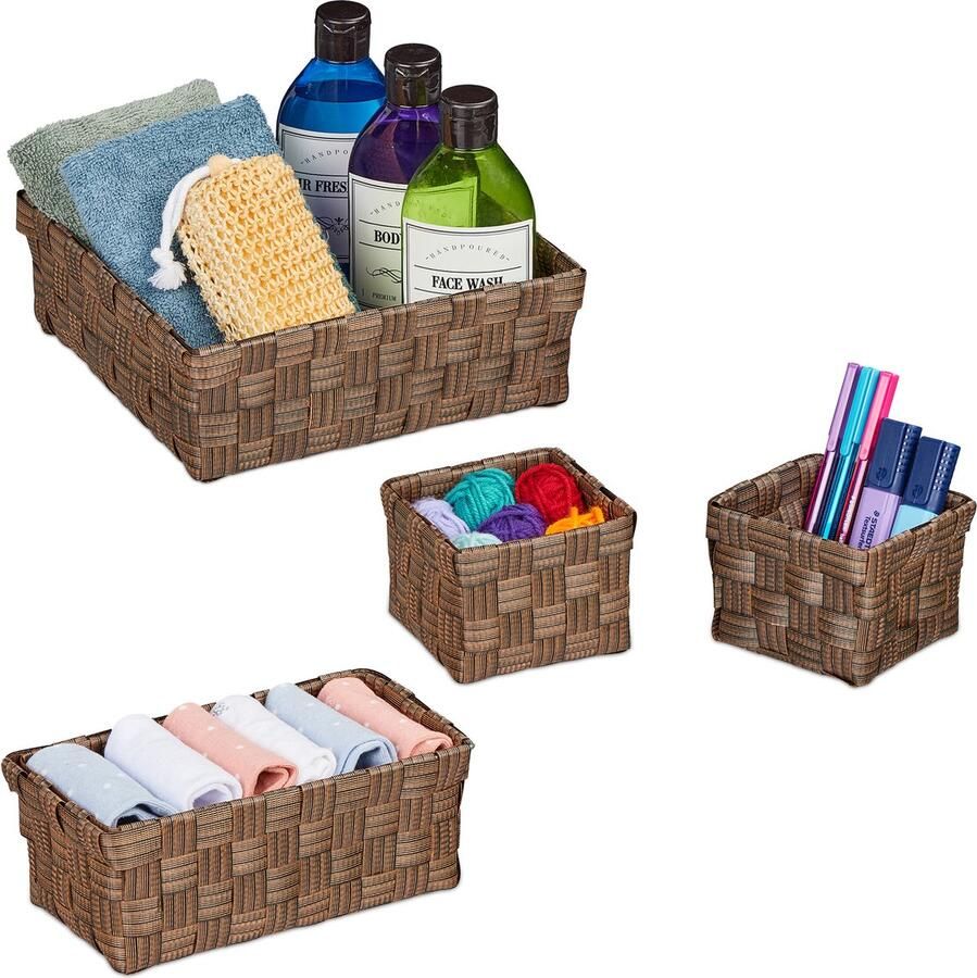 Relaxdays opbergmand set van 4 kastmand gevlochten kunststof badkamer & meer