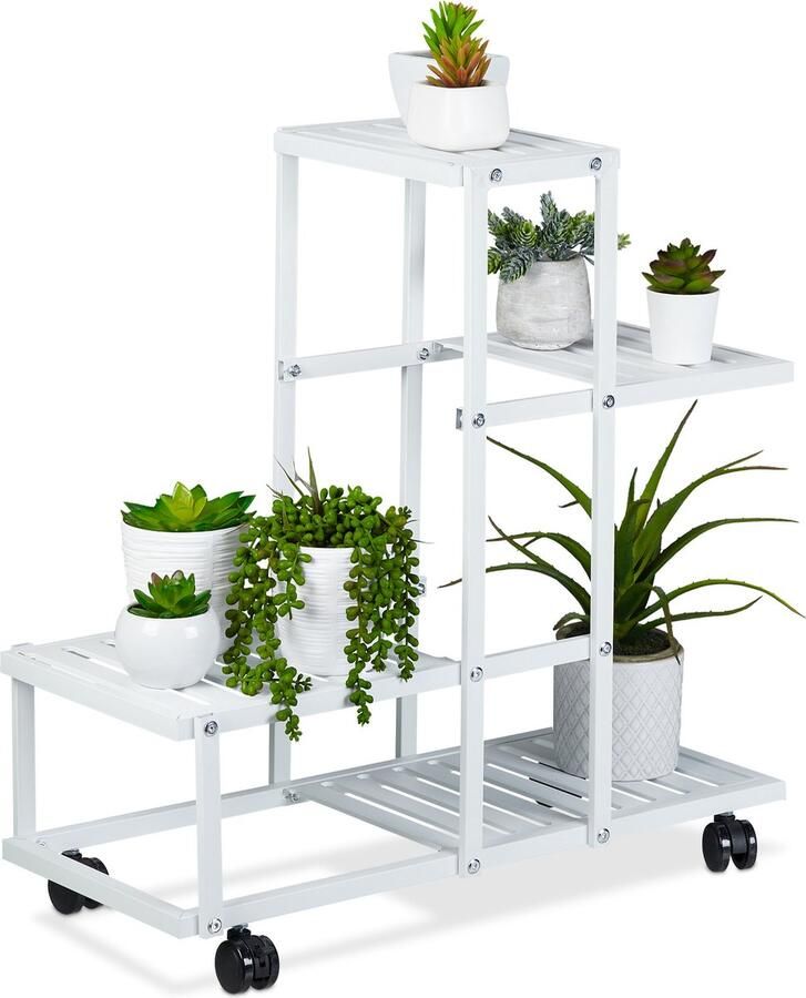 Relaxdays plantenrek op wielen 4 planken metalen bloemenrek witte plantenetagère
