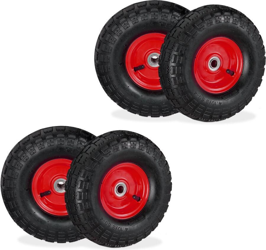 Relaxdays steekwagenwiel set van 4 3.50-4 luchtband rubber autoventiel 16 mm zwart-rood