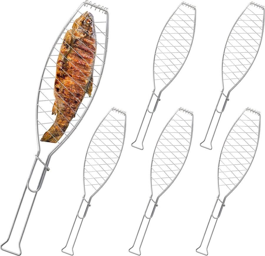 Relaxdays visklem voor de barbecue set van 6 visrooster met handgreep rvs 54 cm