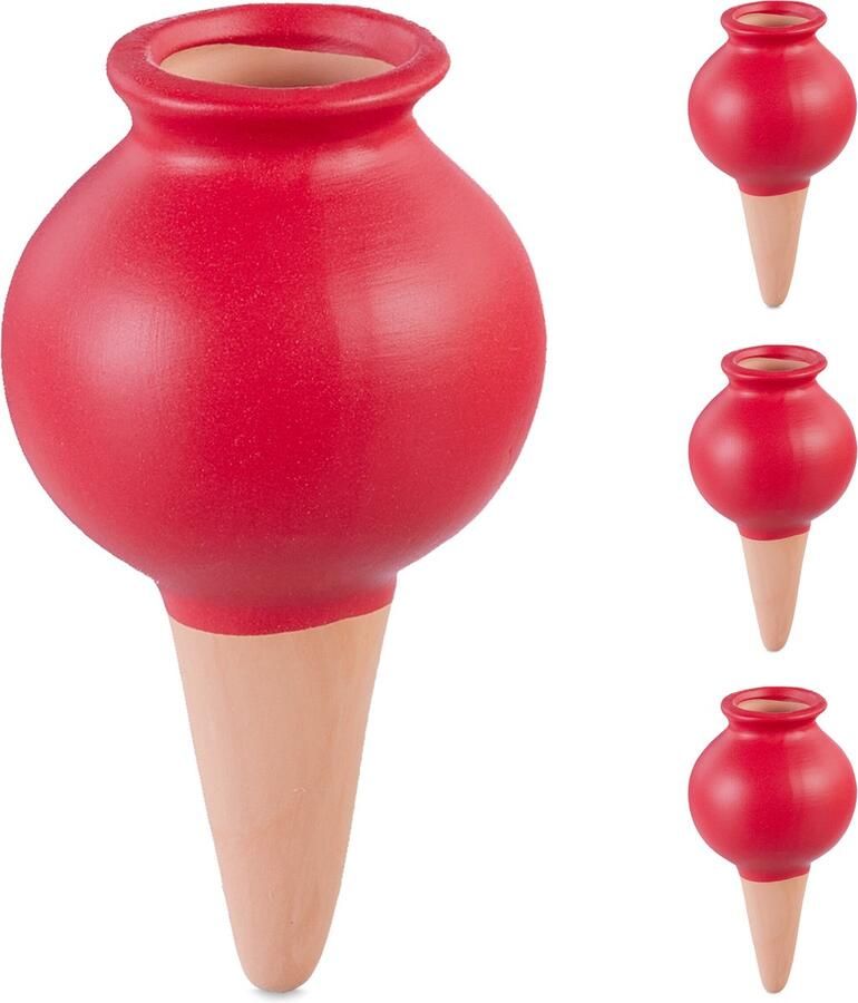 Relaxdays waterdruppelaar keramiek set van 4 watergeefsysteem kamerplanten rood