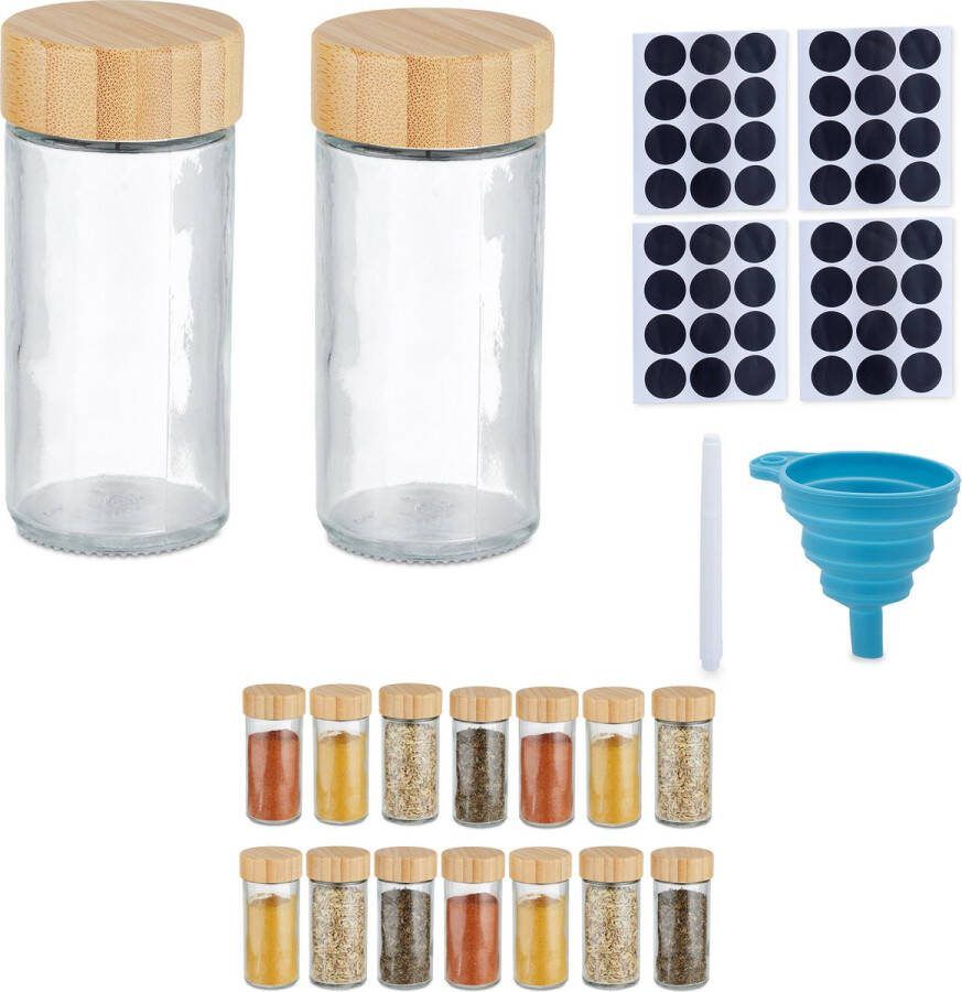Relaxdays ronde kruidenpotjes glazen potjes bamboe deksel labels & stift strooidop set van 16