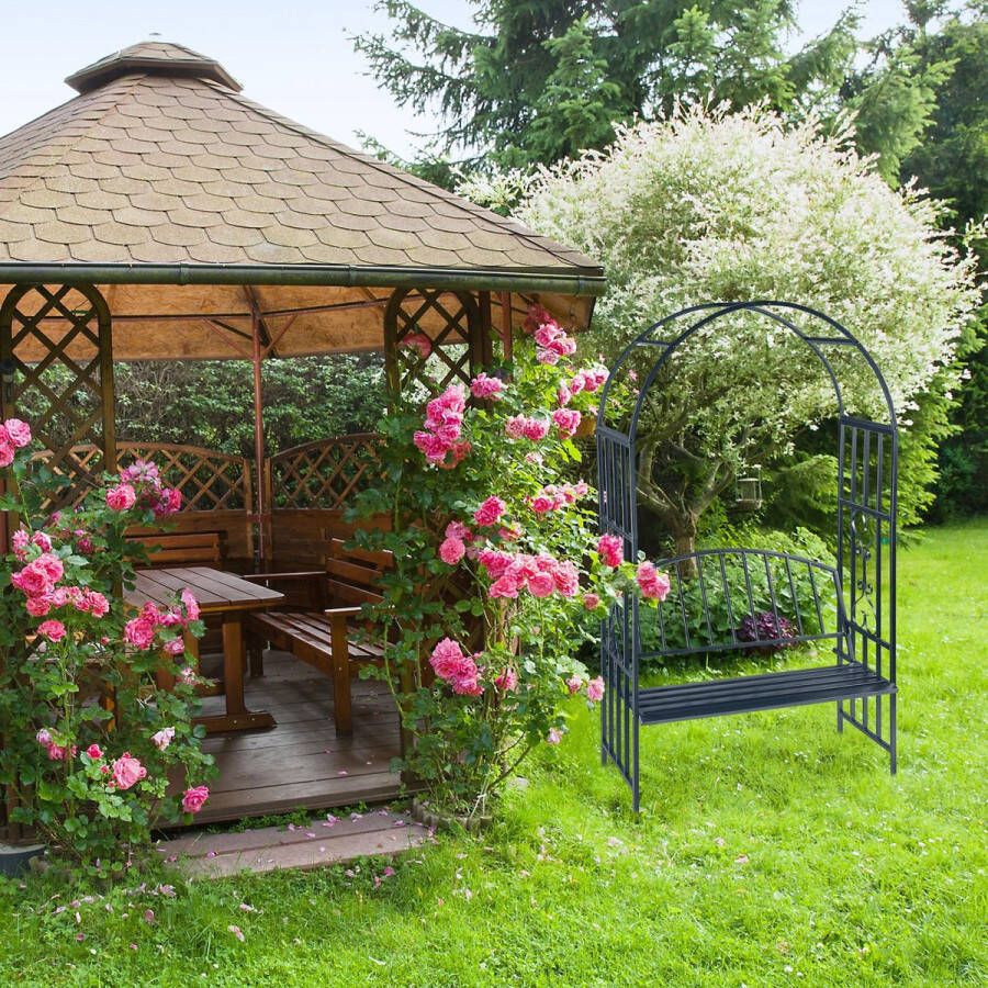 Relaxdays rozenboog met bank metaal rankhulp voor klimplanten tuinboog weerbestendig