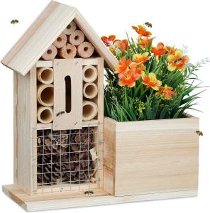 Relaxdays s Bloempot bijenhotel 2 in 1 nesthulp met overpot plantenpot kruiden bloemen hout HBT 26x24x12 cm natuur