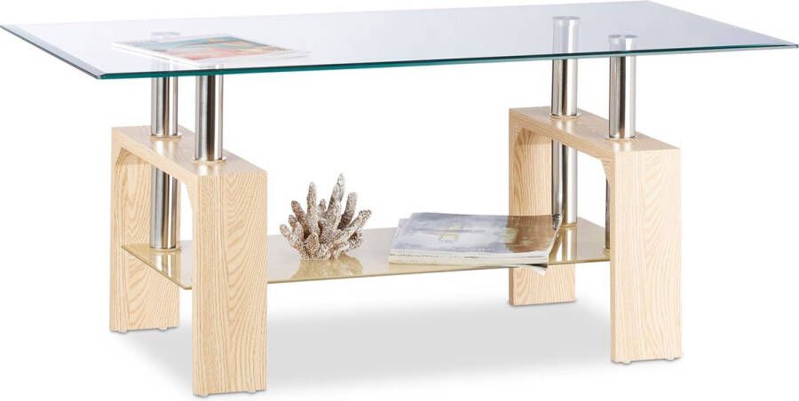 Relaxdays salontafel glas koffietafel glastafel MDF-poten doorzichtige tafelblad