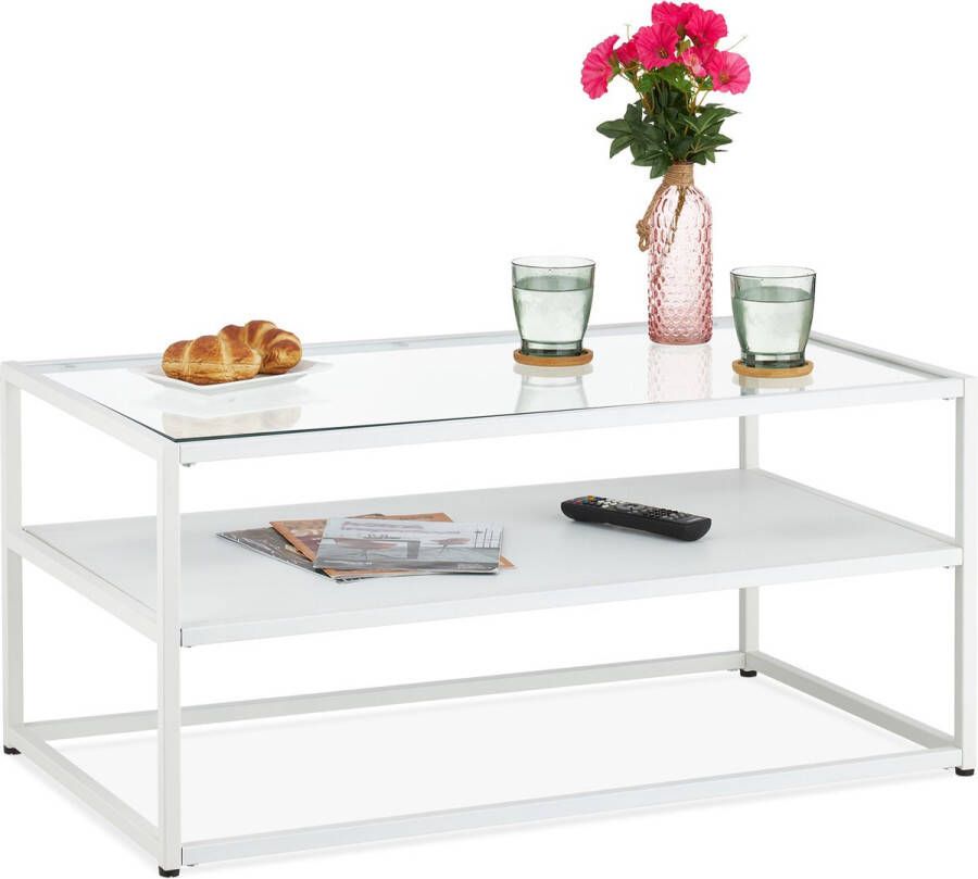 Relaxdays salontafel woonkamertafel glazen tafelblad bijzettafel modern wit
