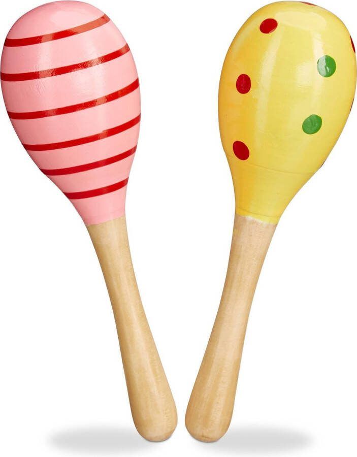 Relaxdays Sambaballen hout set van 2 maracas rammelaar kind roze en geel