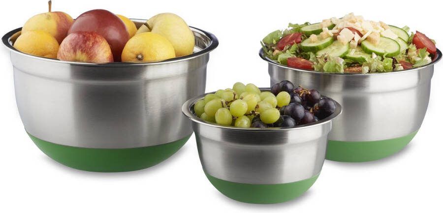 Relaxdays Schalenset 3-delig antislip saladekom mengkom rvs keukengerei groen