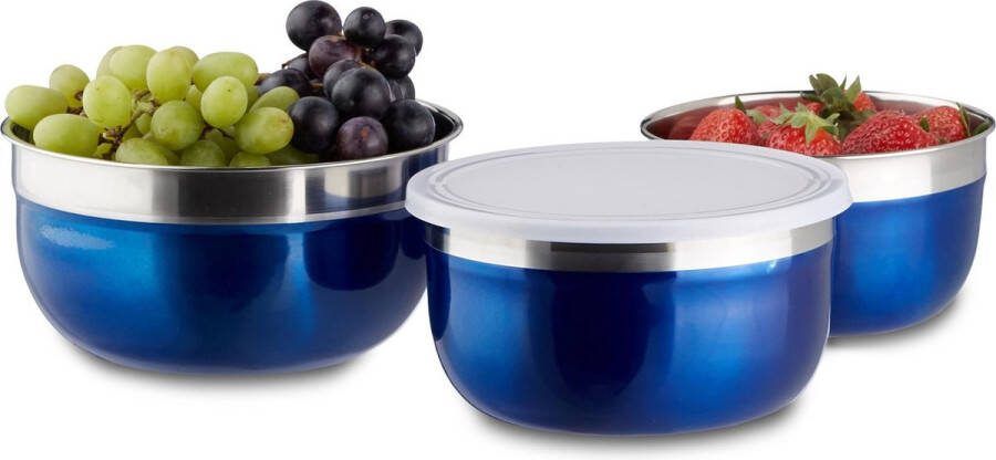 Relaxdays Schalenset 3-delig gekleurde kommen met deksel keukenset roestvrij staal blauw