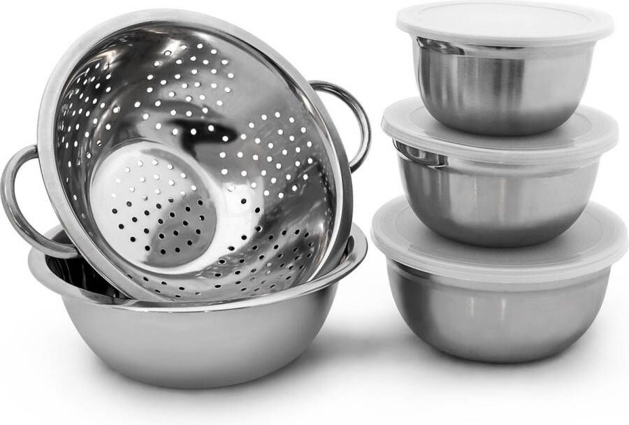 Relaxdays schalenset roestvrij staal kommen set deksel vergiet slakom stapelbaar